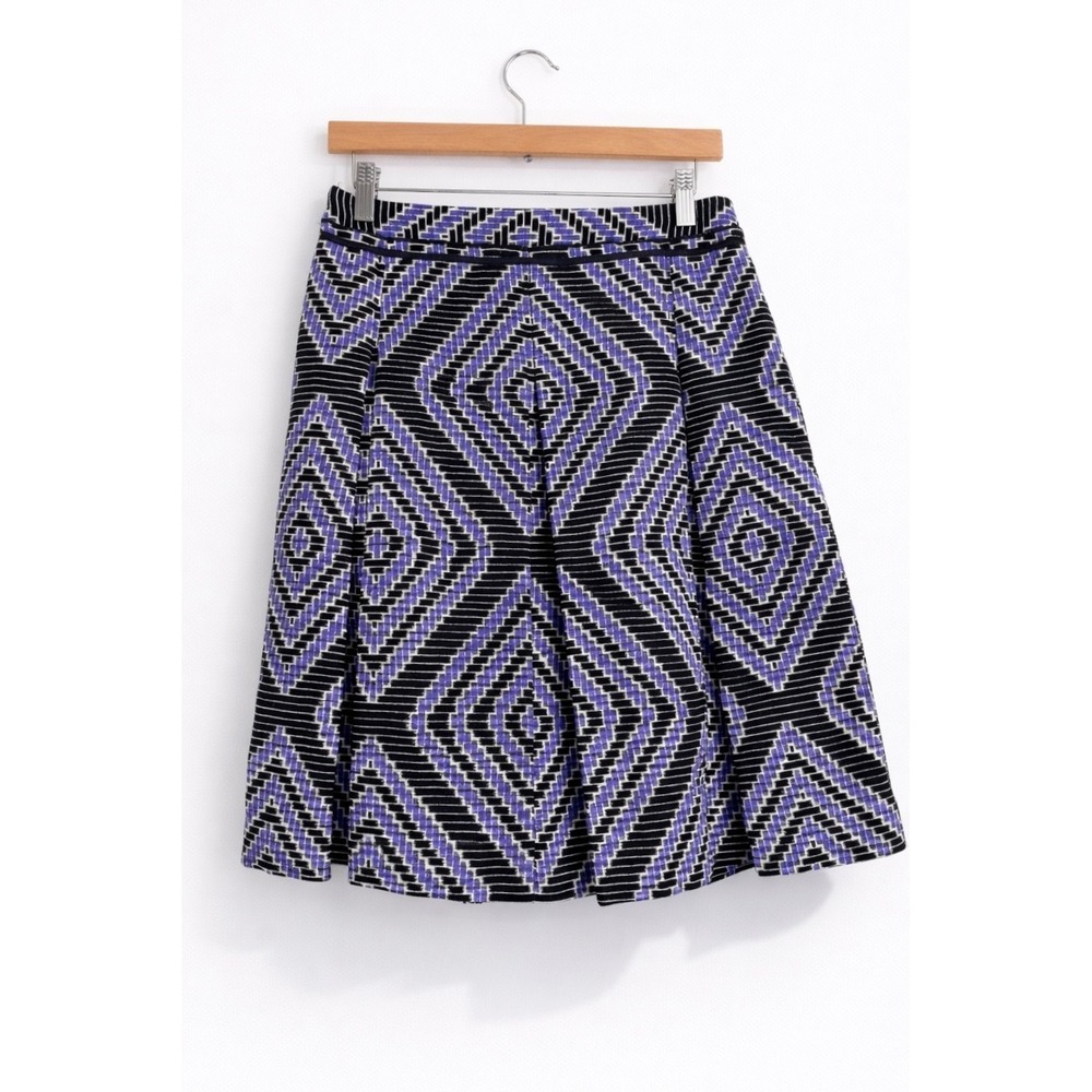Tory Burch Women's Purple Black Geometric Pleated A Line Skirt Cotton Linen 10